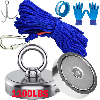 #ad 1100LB Fishing Magnet Rope Gloves Kit Strong Neodymium Pull Force Treasure Hunt $31.99