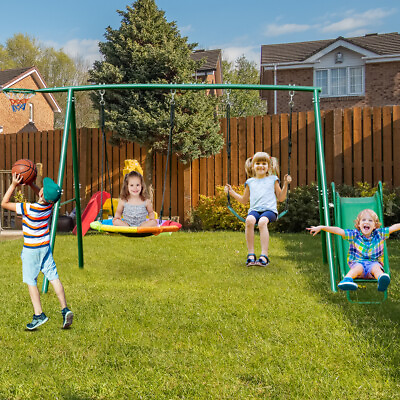 #ad Metal Swing Set with Slide Heavy Duty Outdoor Kids Playset Garden 2 Swing Seat $236.65