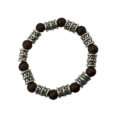 #ad Distressed Silver Bead amp; Wood Style Stretchy Bracelet 4.5quot; Bohemian Earthy $12.99