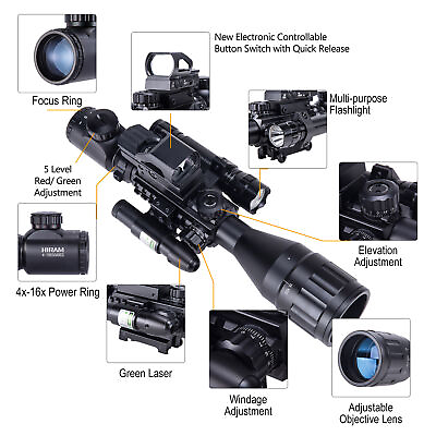 #ad 4 16x50 EG Rifle Scope W.Holographic 4 Reticle HD Red Dot Sight amp; Green Laser US $76.99
