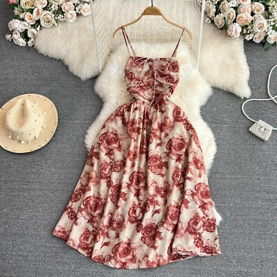 #ad Women Summer Romantic Rose Print Dress Vintage High Waist Big Swing Party Dress $42.33