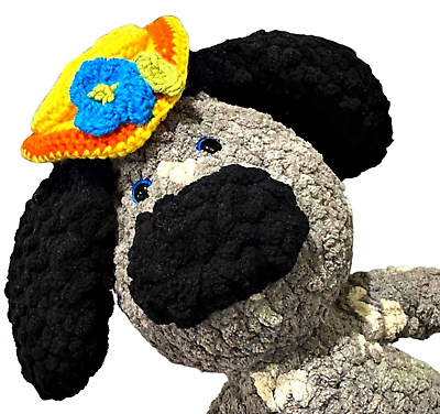 #ad Amigurumi Puppy Dog Plush in Hat Stuffed Animal Hand Crochet Yarn 13 Inch OOAK $17.88