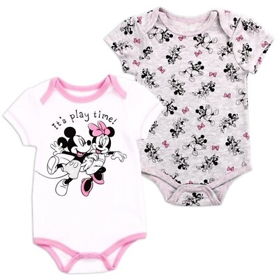 #ad Minnie Mouse Baby Girls Newborn 2 Pack Bodysuits Pink amp; Grey $16.00