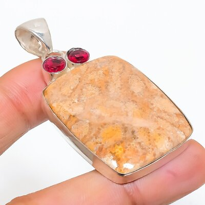 #ad 925 Sterling Silver Fossilquot;Coral Garnet Gemstone Jewelry Pendant 2.29quot; T838 $8.99