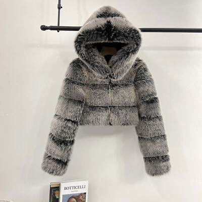 #ad Fur Coat Short Hooded Faux Fox Fur Plus Size S 5XL Women#x27;s Jackets Furry Outwear $109.18