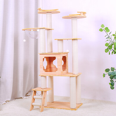 #ad Deluxe Wooden Multi Level Cat Climber Pet Tower Tree Tall Play House $175.88