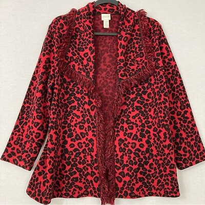 #ad Chico#x27;s Red Black Leopard Print Wool Blend Open Front Fringe Cardigan Large 2 $32.00