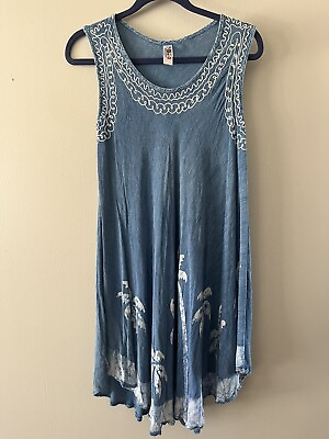 #ad India Boutique Blue With Palm Trees Batik Embroidered Dress Coverup Free Size $22.80