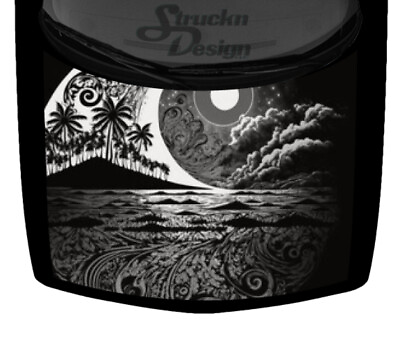 #ad Gray Landscape Black Line Art Moon Swirl Hood Wrap Vinyl Graphic Decal 58quot; x 65quot; $224.39