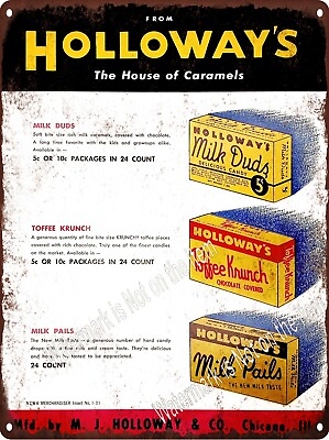 #ad Holloway#x27;s Candy Caramel Box Milk Duds Toffee Krunch Pails Metal Sign 9x12quot; A981 $24.95