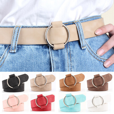 #ad Women Metal Round Ring Buckle Belt Casual Dress Jeans Faux Leather Waistband $9.95