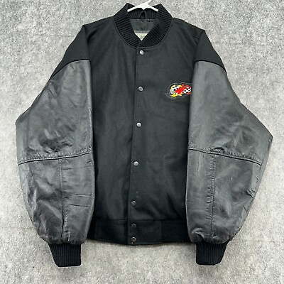#ad VINTAGE Leather Jacket Mens XL Black T Snap Wool Blend Bomber Coat Burks Bay 90s $34.97