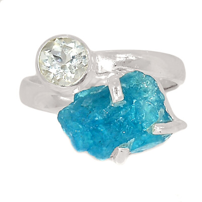 #ad Natural Neon Blue Apatite Rough amp; White Topaz 925 Silver Ring s.8 CR23117 $16.99