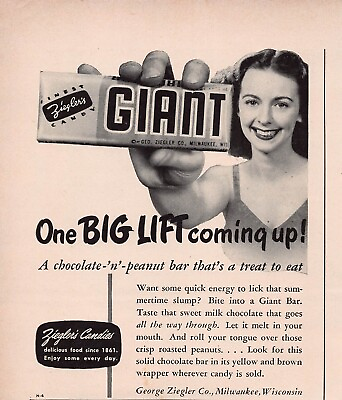 #ad Ziegler#x27;s Candy Giant Bar Ziegler Chocolate Big Lift Advertising Vtg Print Ad $40.00