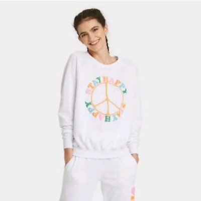 #ad Women#x27;s Stay Happy Graphic Sweatshirt White Large $12.25