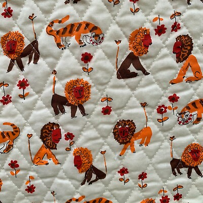 #ad 1960s Quilted Childrens Baby Fabric 2 yds Acid Orange Tigers Lions Excellent $32.30