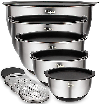 #ad Mixing Bowls Set of 5 Stainless Steel Nesting Bowls with Lids 3 Grater Attachm $58.60
