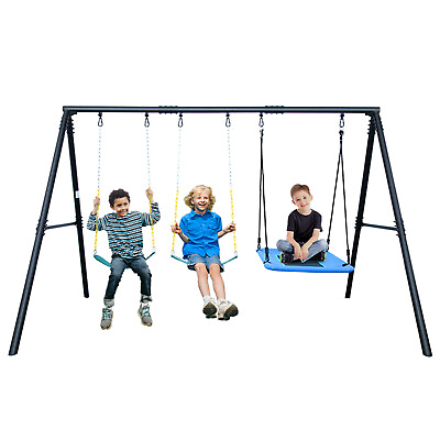 #ad 600lb Metal Swing Set with 3 Swings Heavy Duty Frame Backyard Kids Adult Playset $254.40
