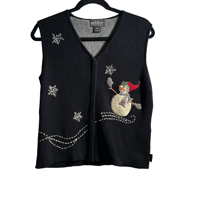 #ad NWT Woolrich Snowman Novelty Zip Up Christmas Black Vest Womens S Holiday Snow $27.00
