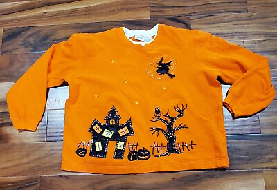 #ad Vintage Ugly Halloween Sweatshirt Witch Pumpkin Spooky Orange Womens Sz XL 14 16 $13.60