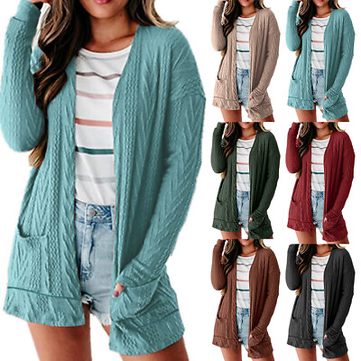 #ad Womens Solid Knitted Cardigan Open Front Tops Casual Loose Sweater Coat Jacket $8.39