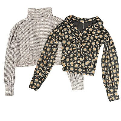 #ad Free People Lot Long Sleeve Sz XL Sydney Floral Top Waffle Knit Cropped Sweater $49.95
