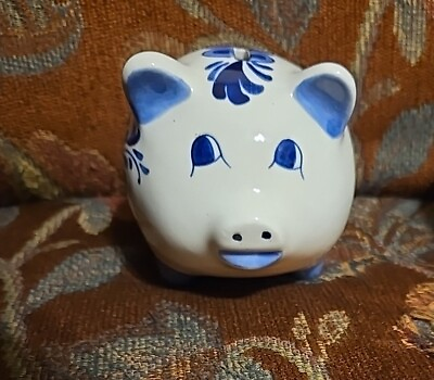 #ad Vtg Delft Blue Handpainted Piggy Coin Bank with Windmill Dutch $26.00