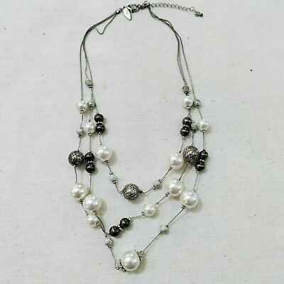 #ad NYamp;Co Layered Multi Strand Faux Pearl Necklace Silver Black Station Bead $9.60