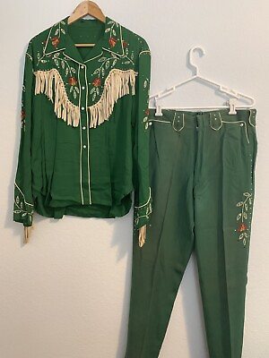 #ad Vintage Western Cowboy Authentic 1950s Suit Set Green Flowers $800.00