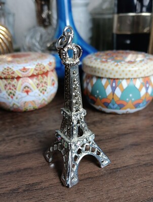 #ad Eiffel Tower Silver Tone Rhinestones Necklace Pendant 2quot; Vintage $19.99