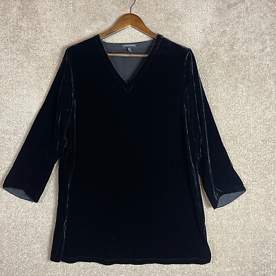 #ad Eileen Fisher Tunic Top Womens Medium Black V Neck Velvet Long Sleeve Shirt $35.99