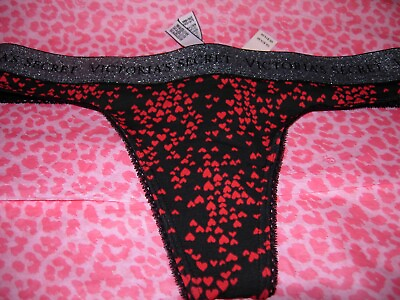 #ad Victoria#x27;s Secret Sexy Logo Band Valentine Thong Black Mini Hearts Pantie M NWT $11.99