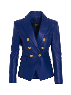#ad Stylish New Genuine Button Party Classic Real Lambskin Leather Blue Women Blazer $140.25