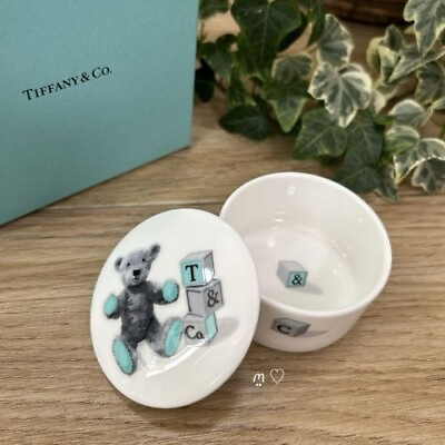 #ad Tiffany Bear amp; Block Round Accessory Case Ceramic Interior White Blue w BoxⓁ $267.30