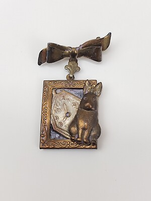 #ad Rabbit and Clock ALICE IN WONDERLAND Themed Pin Steampunk Bronze Color Brooch $15.29