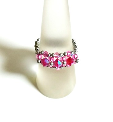 #ad Handmade Pink amp; Silver Beaded Ring. Metal Free Ring Size O GBP 5.00