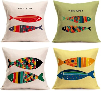#ad Sea Theme Fish Pillow Covers Nautical Throw Pillowcases Beach Cushion Sea 2 $35.90