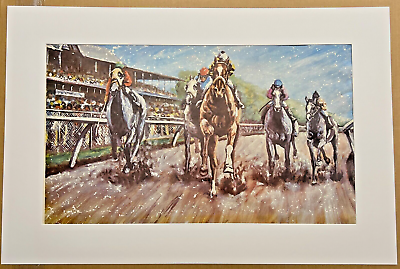 #ad Beautiful Horse Races Painting Gouache On Paper 24x36quot; circa 1965 1985 Unframed $101.99