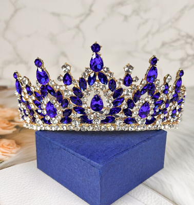 #ad Baroque Vintage Gold Crystal Tiara Wedding Gemstone Blue Crown Homecoming Gift $34.99