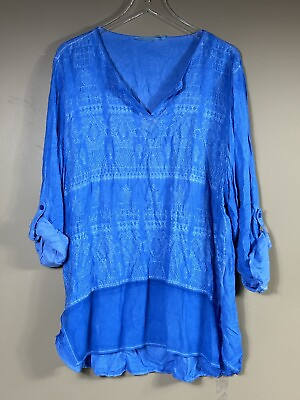 #ad Soft Surroundings Top Women 1X Plus Blue Button Down Preppy Pleated Embroidered $35.00
