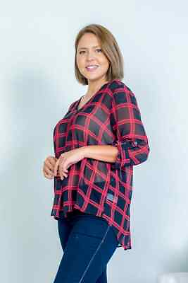 #ad Womens Plus Size Red Plaid Top 2X High Low Rolled Sleeve Sheer $21.95