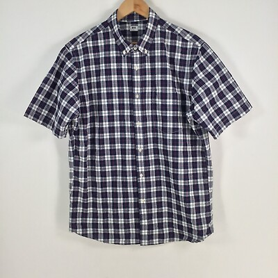 #ad Uniqlo mens button up shirt size L navy blue check short sleeve cotton 061977 AU $19.95