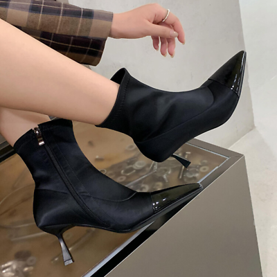 #ad Womens Two Tone Pointy Toe Mid Stiletto Stretched Ankle Shoes High Slim Heels $112.14