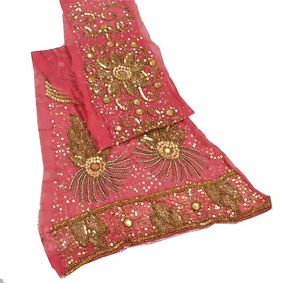 #ad Sanskriti Saskriti Vintage Design Fabric Hand Beaded Indian Craft Pink Georgette $17.99