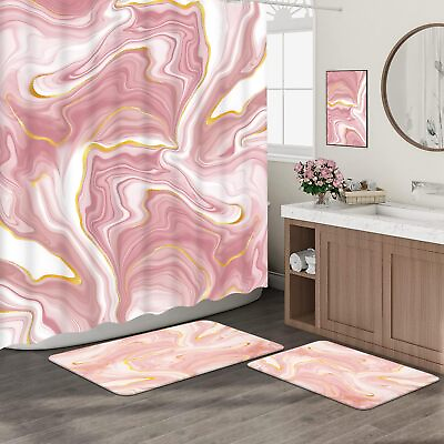 #ad 3Pcs Pink Abstract Bathroom Sets with Shower Curtain and Rugs 70S Aesthetic R... $31.67