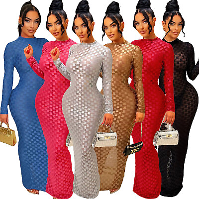 #ad NEW Women Stylish O Neck Long Sleeves Patchwork Bodycon Club Party Midi Dress $27.20