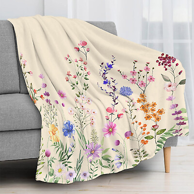 #ad Beige Plant Green Leaf Pink Wildflower Throw Blanket for Couch Bed Sofa Office $23.99