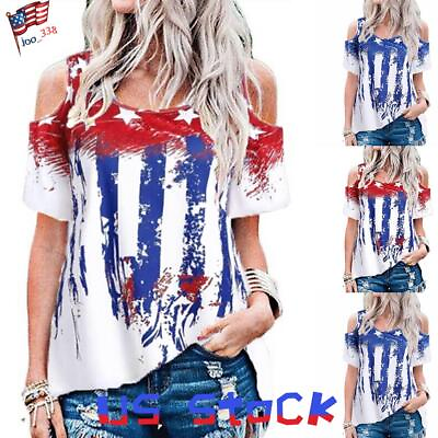 #ad Women#x27;s July Of 4th American Flag Print Cold Shoulder Tops Loose Blouse T Shirt $9.69
