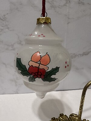 #ad Christmas House Hand Painted Glass Ornament Candlesticks Holly Top Teardrop UFO $8.00