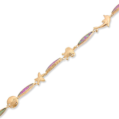 #ad Alternating Pink Inlay Opal Bar and Sealife Bracelet Rose Gold Plated $158.00
